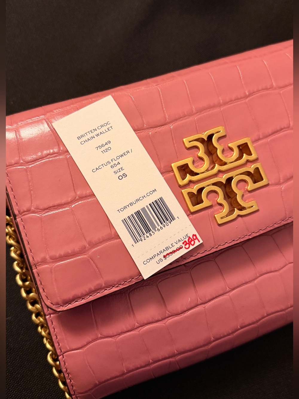 Tory Burch Pink Croc-Embossed Chain Crossbody with Gold Logo